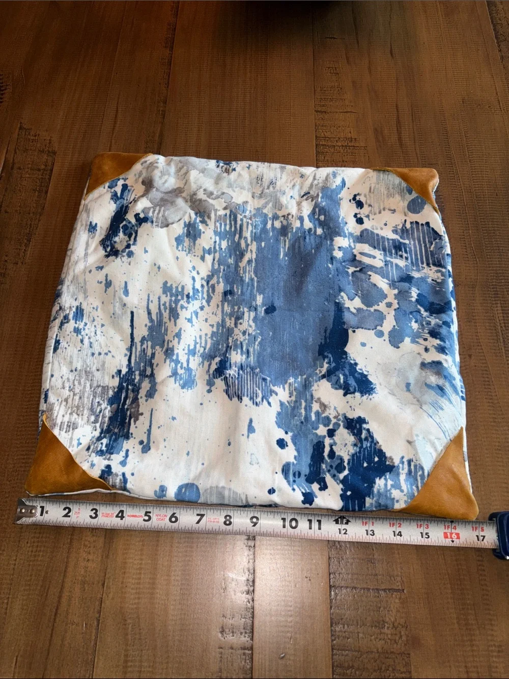 Abstract Blue & White Canvas Pillow cover Tan Leather Corners tie dye 17 x 17